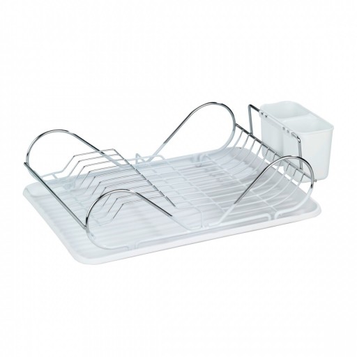 Scurgator de vase cu suport pentru tacamuri Clean, Wenko, 12.5 x 32 x 47 cm, plastic/inox, alb/argintiu