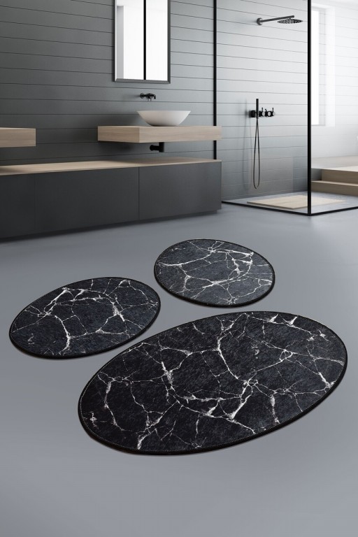 Set 3 covorase de baie Marble, Chilai, 50x60 cm/60x100 cm, negru