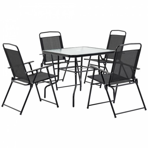 Outsunny Set Mobilier de Grădină 5 Piese, 4 Scaune Pliabile și Masă cu Orificiu pentru Umbrelă, Design Elegant, Negru | Aosom Romania