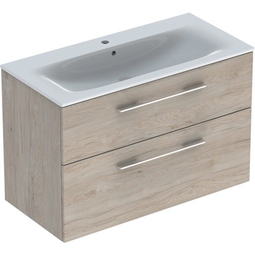 Set mobilier Geberit Selnova Square lavoar 100cm cu margine ingusta si dulap cu doua sertare nuc american deschis