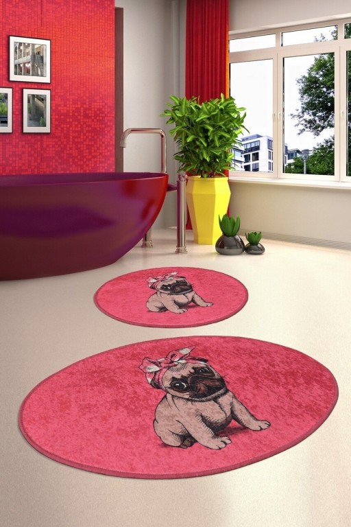 Set 2 covorase de baie Pink Pug, Chilai, 50x60 cm/60x100 cm, multicolor