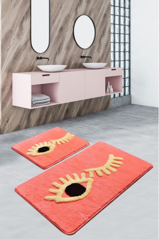 Set 2 covorase de baie Big Eyes, Chilai, 50x60 cm/60x100 cm, coral