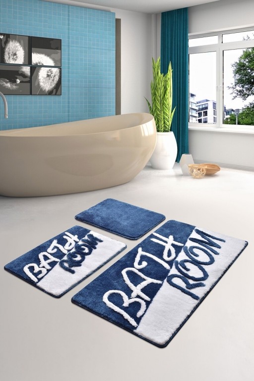 Set 3 covorase de baie Bathroom, Chilai, 40x60 cm/50x60 cm/60x100 cm, albastru