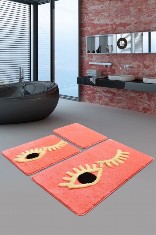 Set 3 covorase de baie Big Eyes, Chilai, 40x60 cm/50x60 cm/60x100 cm, coral