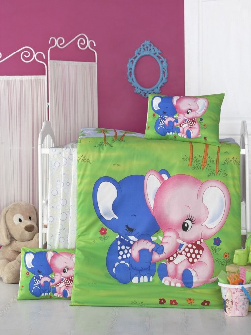 Lenjerie de pat pentru copii, Victoria, Elephant, 4 piese, 100% bumbac ranforce, verde/albastru