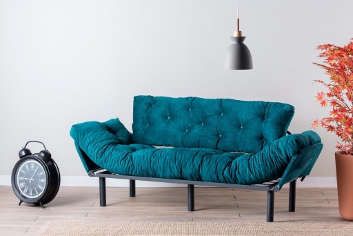 Canapea extensibila Nitta Triple, Futon, 3 locuri, 225x70 cm, metal, petrol verde