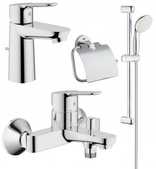 Pachet complet baterii baie Grohe Bau Edge marimea S(23328000,23334000,27853001), suport hartie igienica Essentials (40367001)