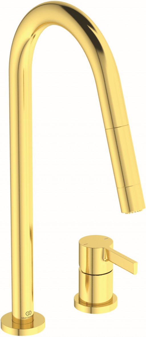 Baterie bucatarie Ideal Standard Gusto Round din 2 elemente 242mm dus extractibil pipa R rotativa brushed gold