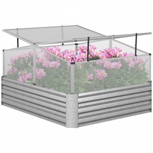 Outsunny Jardinieră Înălțată Metalică cu Capac PC, Argintiu 126x107x57.5/67.5 cm | Aosom Romania