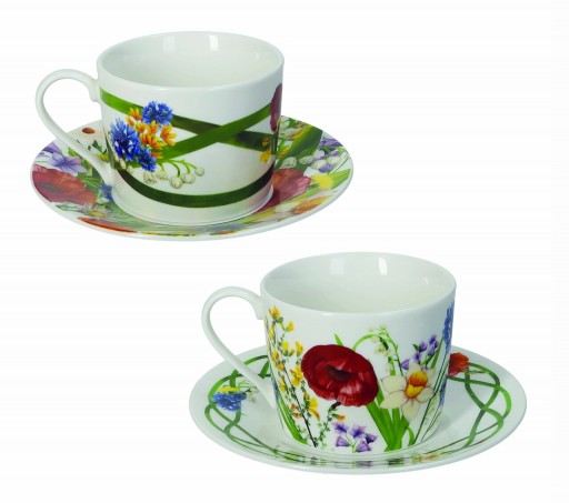 Set 2 cesti cu farfurie pentru ceai Fiori Di Campo, Brandani, 150 ml, portelan New Bone China