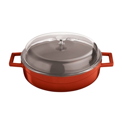 Cratita din fonta emailata Paderno Cast Iron 24cm 2.5 litri capac sticla inclus rosu