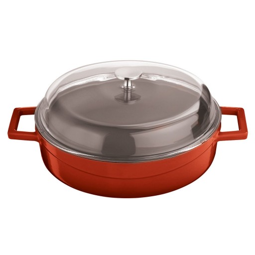 Cratita din fonta emailata Paderno Cast Iron 28cm 3.4 litri capac sticla inclus rosu