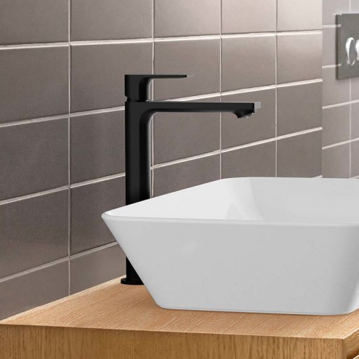 Baterie lavoar inalta Hansgrohe Rebris E 240 cool start cu ventil Pop-Up, negru mat - 72581670