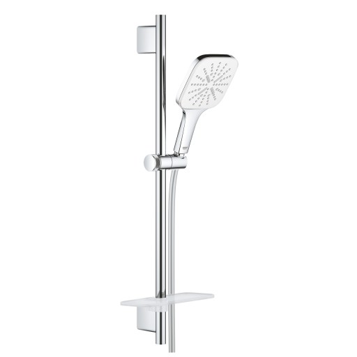 Set de dus Grohe Rainshower SmartActive 130 Cube cu para de dus 3 jeturi furtun 175cm si bara 60cm savoniera moon white