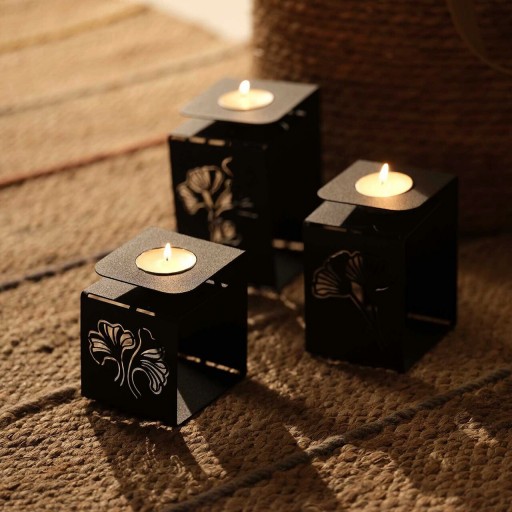 Set 3 suporturi lumanare, Ginkgo Tealight, Otel, Negru