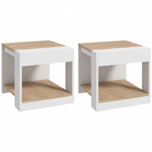 Set de 2 Masute pentru Living cu Design pe Doua Niveluri din PAL, 40x40x45cm, Alb si Stejar HOMCOM | Aosom Romania