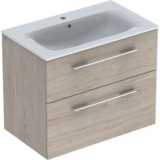 Set mobilier Geberit Selnova Square lavoar 80cm cu margine ingusta si dulap cu doua sertare nuc american deschis