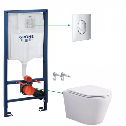 Set vas wc rimless alb cu capac soft close Oslo, rezervor incastrat si clapeta crom Skate Air Grohe