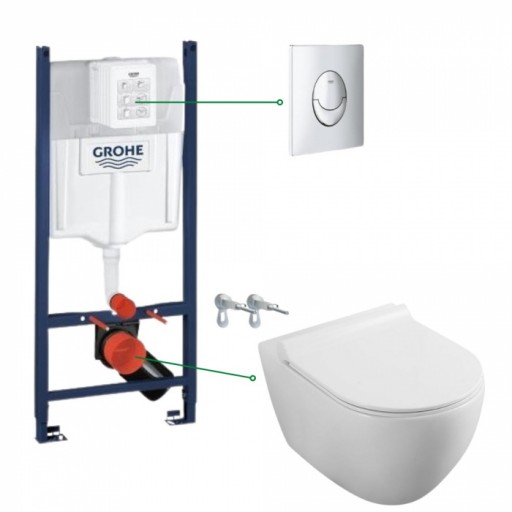 Set vas wc rimless cu capac soft close Fluminia Minerva, rezervor incastrat si clapeta crom Skate Air Grohe