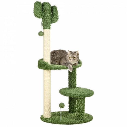 PawHut Copac Pisici Cactus 111cm, Stâlpi Zgârieturi, Pat, Mingi, Verde | Aosom Romania