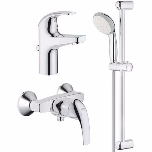 Set baterii Grohe Start Curve cu baterie lavoar baterie dus si set de dus cu bara crom