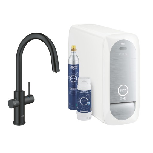 Baterie bucatarie Grohe Blue Home Duo cu dus extractibil pipa C sistem filtrare racire si carbonatare starter kit velvet black