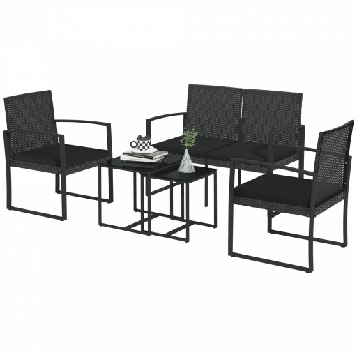 Outsunny Set Mobilier de Grădină din Ratan PP 5 Piese, Canapea cu Perne, Set Canapea pentru Exterior, Negru | Aosom Romania