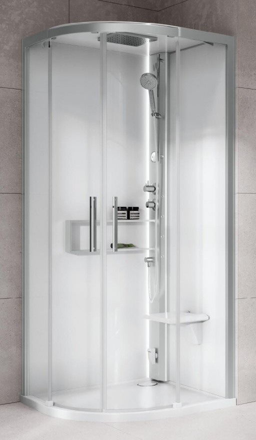 Cabina de dus semirotunda cu hidromasaj Novellini Glax 2 2.0 R HydroPlus 90x90cm cadita joasa 4.5cm finisaj Total White