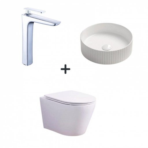 Set vas wc rimless cu capac soft close, lavoar baie rotund alb si baterie chiuveta Foglia