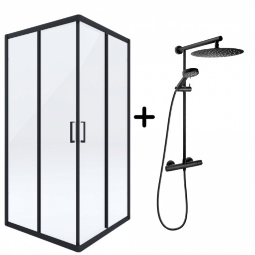 Set cabina dus neagra patrata 80x80 cm Hector plus coloana dus cu termostat negru mat FDesign Anima