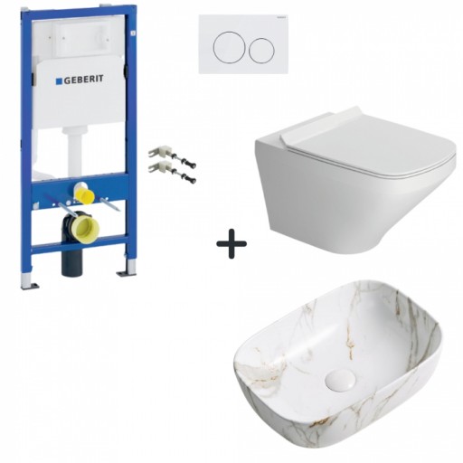 Set vas wc rimless cu capac soft close, lavoar baie efect marmura si rezervor wc cu clapeta alba