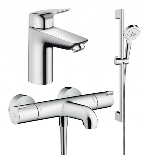 Set baterie lavoar, baterie cada termostatata si set dus, crom, Hansgrohe Ecostat Termostatic