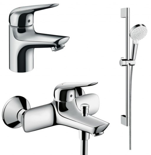 Set baterie lavoar, baterie cada si set dus, crom, Hansgrohe Novus