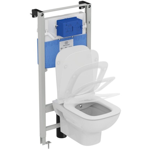 Set vas wc Ideal Standard i.life A Rimless+ cu functie de bideu capac inchidere lenta si rezervor incastrat cu cadru Prosys 120M