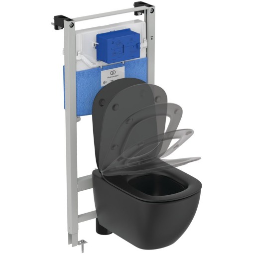 Set vas wc Ideal Standard Tesi Aquablade cu capac Slim inchidere lenta negru si rezervor incastrat cu cadru Prosys 120P