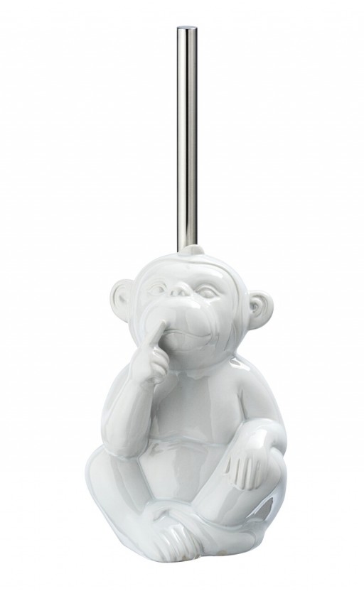 Perie pentru toaleta cu suport, Wenko, Monkey Quiet, 20 x 14.5 x 14 cm, ceramica, alb