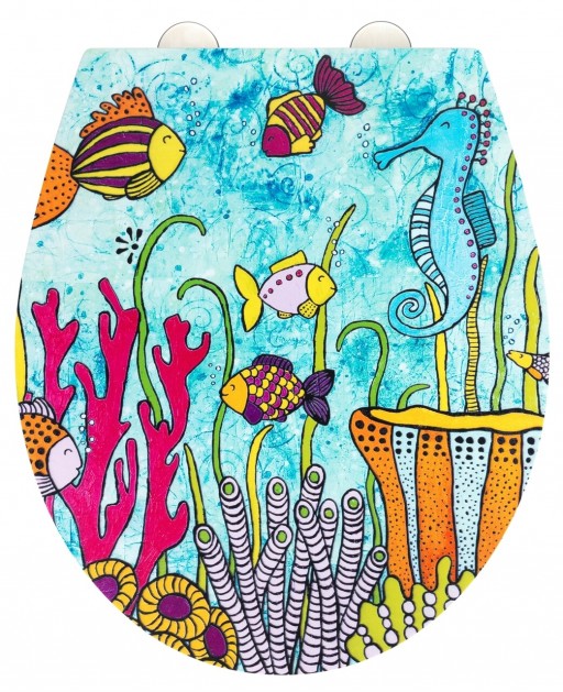 Capac de toaleta cu sistem automat de coborare, Wenko, Ocean Life, 38 x 44.5 cm, duroplast, multicolor