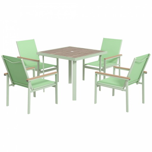 Outsunny Set Mobilier de Gradina 5 Piese, Masa cu Blat de Sticla si Gaura pentru Umbrela, 4 Fotolii Confortabile cu Sezut si Spatar | Aosom Romania