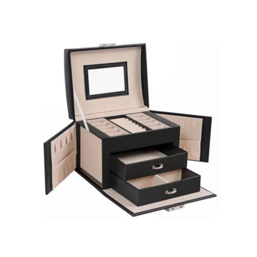 Cutie de bijuterii cu 3 etaje Vasagle, 17.5x13.5x12 cm, MDF/piele ecologica/catifea, negru