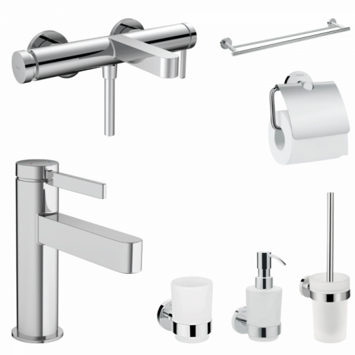 Set baterie cada si baterie lavoar Hansgrohe Finoris cu accesorii baie Hansgrohe Logis, crom lucios