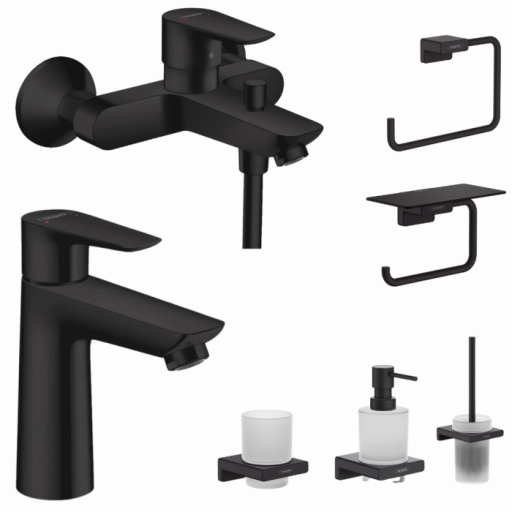 Set baterie cada si baterie lavoar Hansgrohe Talis cu accesorii Hansgrohe AddStoris, negru