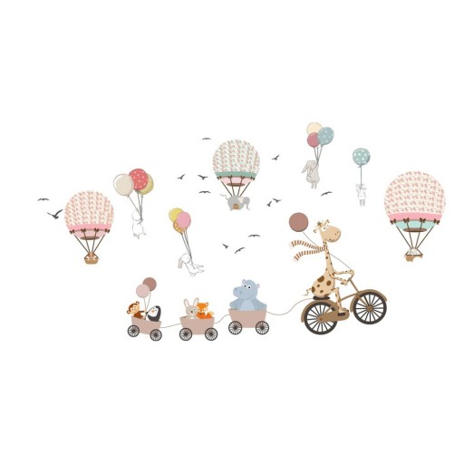 Autocolant de perete pentru copii Ambiance Animals and Hot Air Balloons in the Clouds, 90 x 60 cm