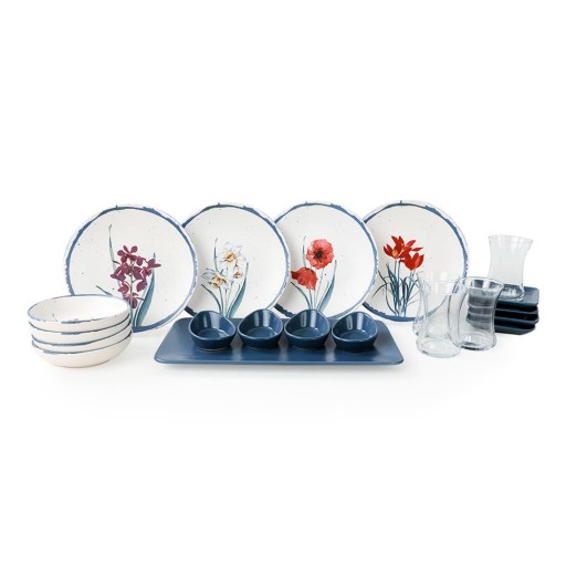 Set veselă cu 21 piese din ceramică My Ceramic Flower, alb-albastru