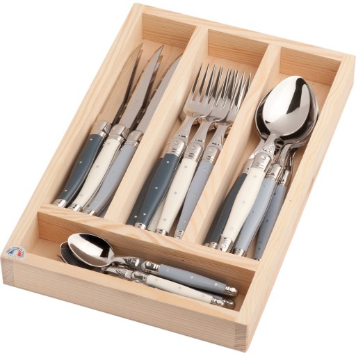 Set 24 tacâmuri din inox, în cutie de lemn, Jean Dubost Atelier