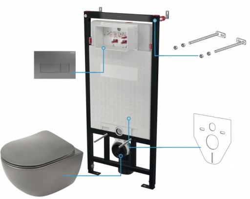 Set vas wc rimless antracit cu capac soft close, rezervor incastrat, clapeta de actionare titan si izolare fonica Deante Peonia