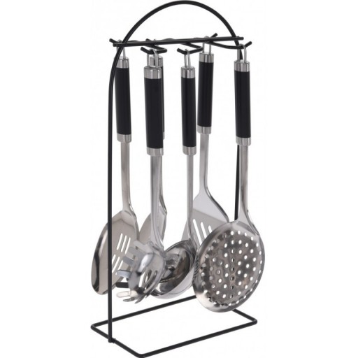 Set 6 ustensile de bucatarie + suport cu carlig Black, 37 x 41 x 41 cm, inox/plastic, argintiu/negru