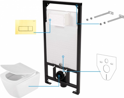 Set vas wc cu capac soft close, rezervor incastrat, clapeta de actionare aurie si izolare fonica Deante Anemon