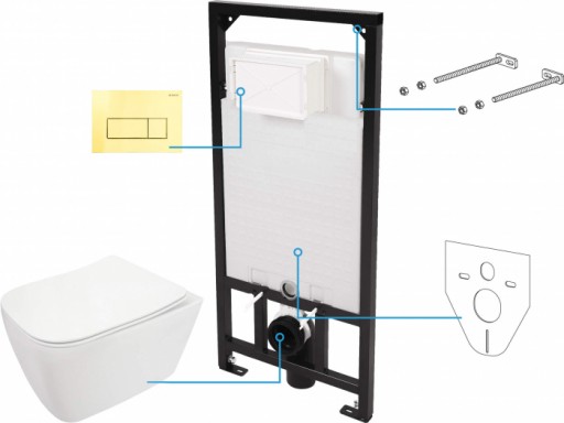 Set vas wc cu capac soft close, rezervor incastrat, clapeta de actionare aurie si izolare fonica Deante Hiacynt