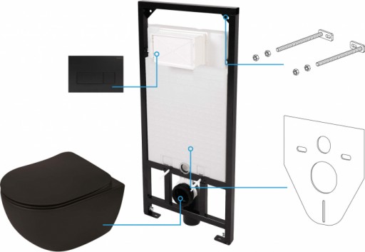 Set vas wc negru cu capac soft close, rezervor incastrat, clapeta de actionare si izolare fonica Deante Poenia