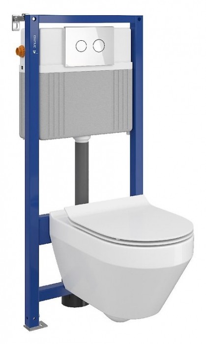 Set vas wc suspendat Crea oval cu capac soft close, rezervor incastrat pneumatic Aqua 52 si clapeta sticla alba